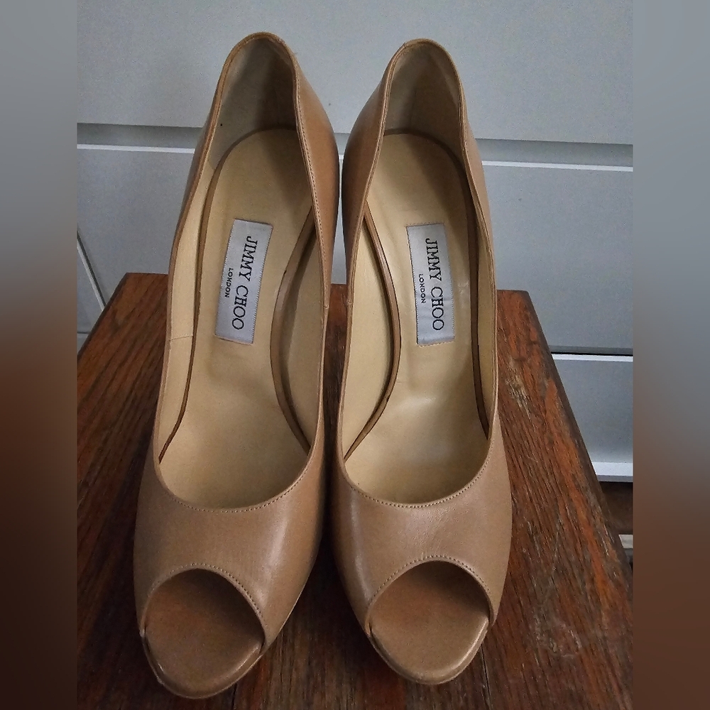 Jimmy Choo Nude Peep Toe Women's Shoes 38 1/2